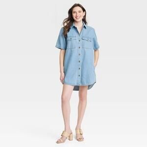 Short Sleeve Denim Mini Shirt Dress Size Small NWT